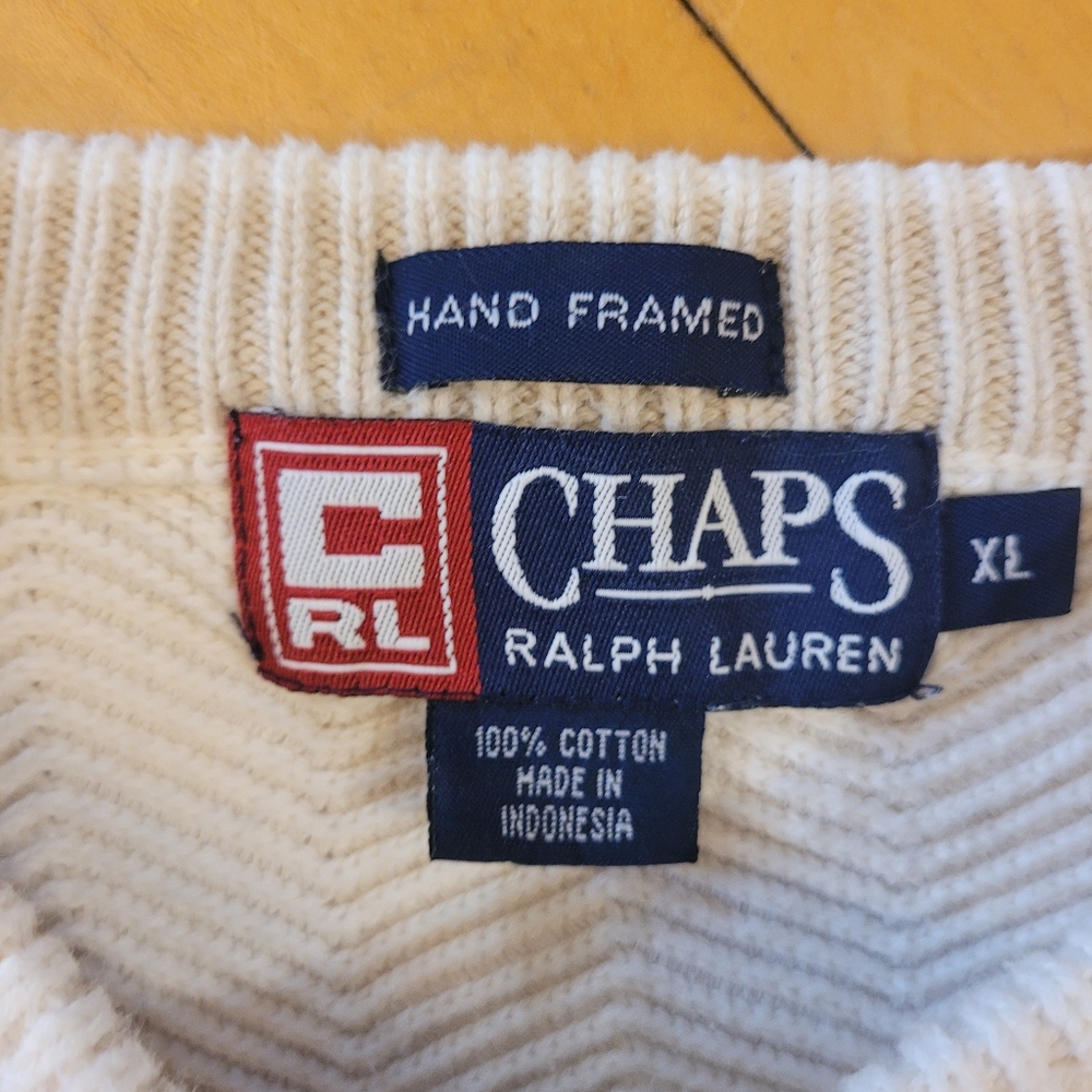 Men's Crewneck Ivory White Sweater Ralph Lauren Chaps Size XL EUC Vintage Preppy - Picture 3 of 7